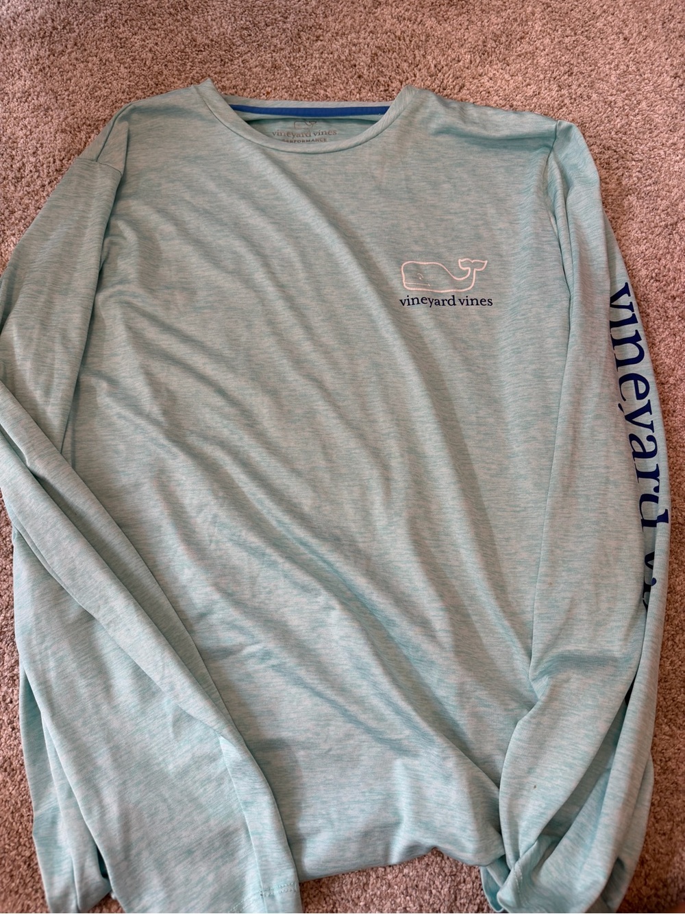 Vineyard Vines Heather Seafoam Long Sleeve Tee with Navy Sleeve Print